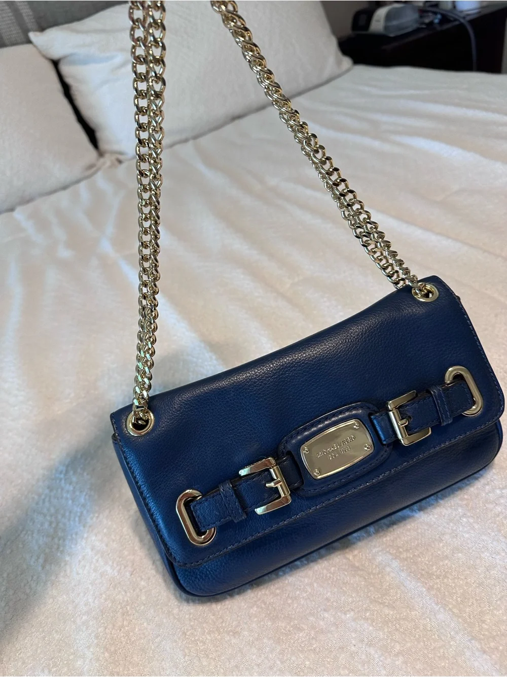 Michael Kors Navy Leather Shoulder Bag with Gold Hardware